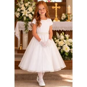 NEW Girls First Holy Communion Dress Size 8 - Satin & Crystal Organza Tea-Length
